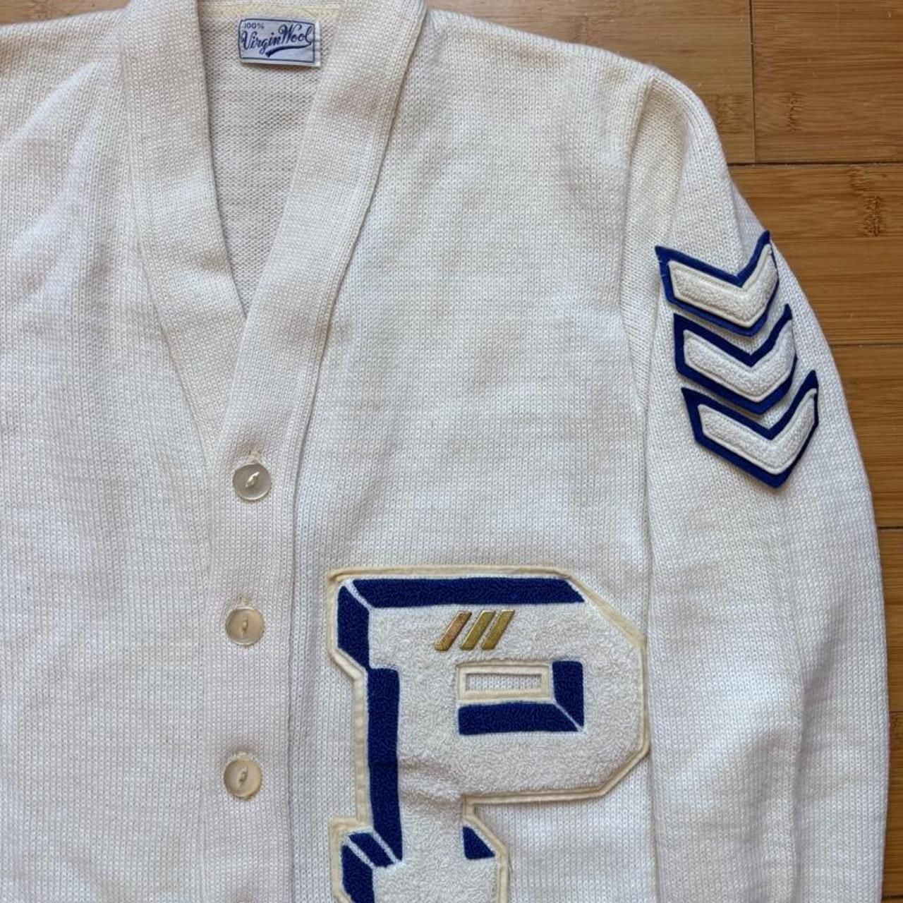 Vintage Virgin Wool Letterman Cardigan Sweater White Blue Size 76 3