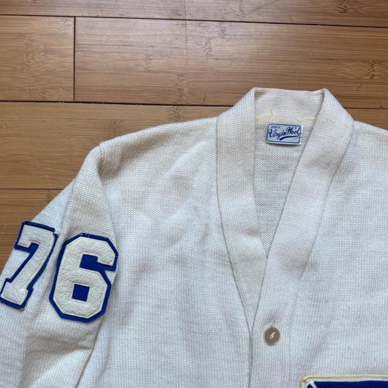 Vintage Virgin Wool Letterman Cardigan Sweater White Blue Size 76 4