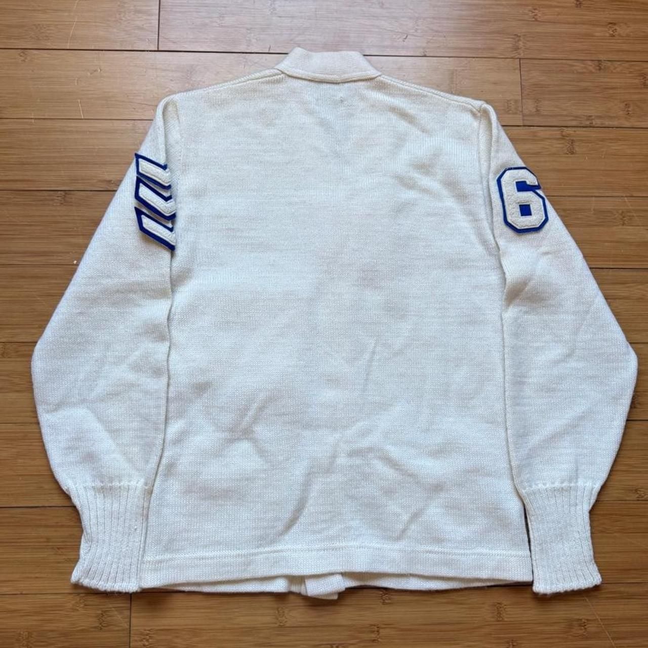 Vintage Virgin Wool Letterman Cardigan Sweater White Blue Size 76 5