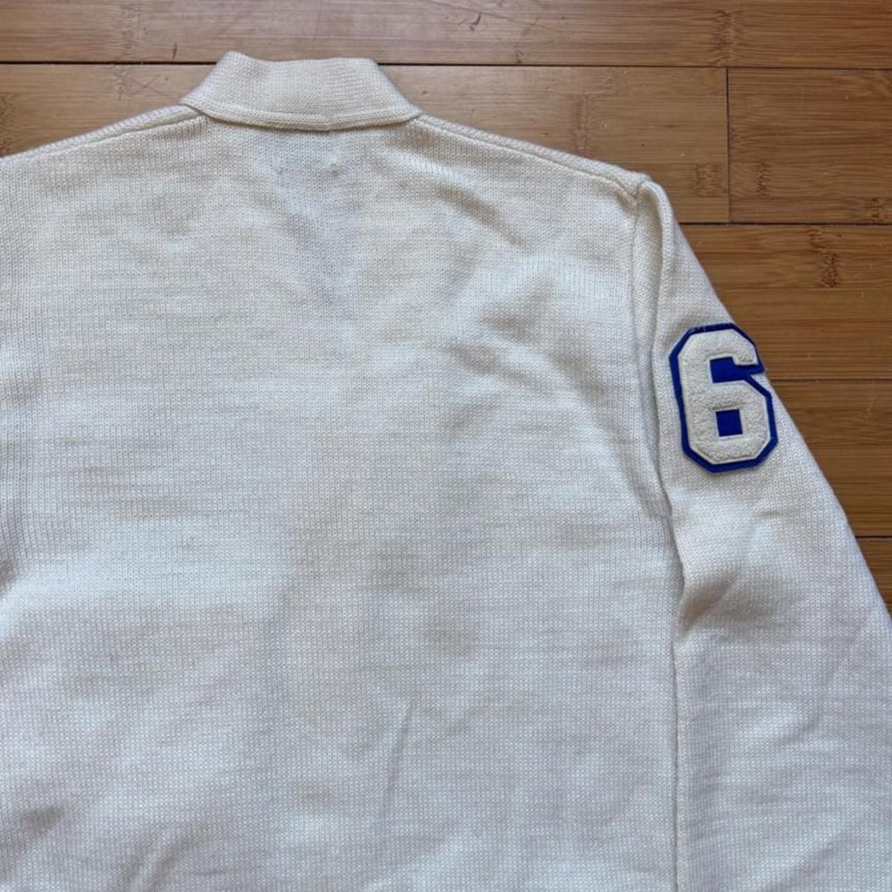 Vintage Virgin Wool Letterman Cardigan Sweater White Blue Size 76 6