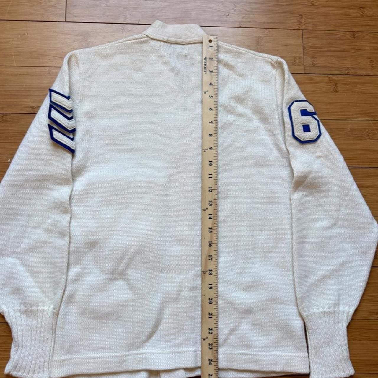 Vintage Virgin Wool Letterman Cardigan Sweater White Blue Size 76 7