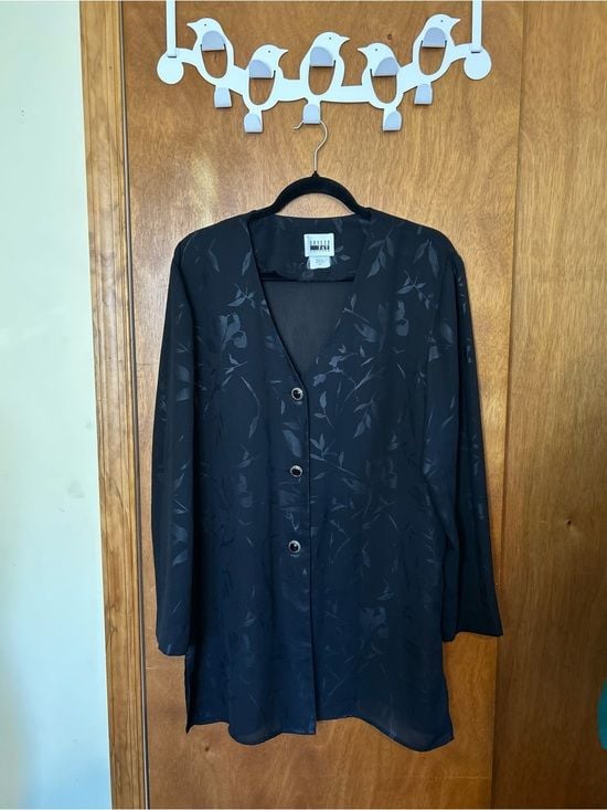 Vintage Leslie Fay Black Floral-Pattern Button Down Sheer Duster Sz 16 2