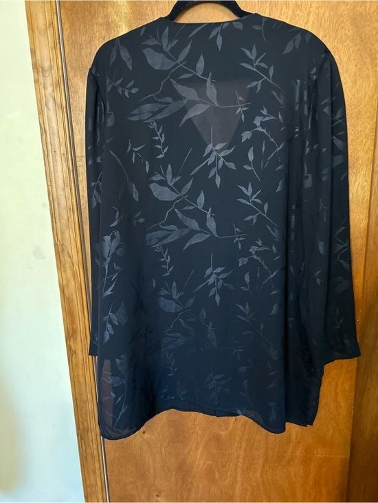 Vintage Leslie Fay Black Floral-Pattern Button Down Sheer Duster Sz 16 4