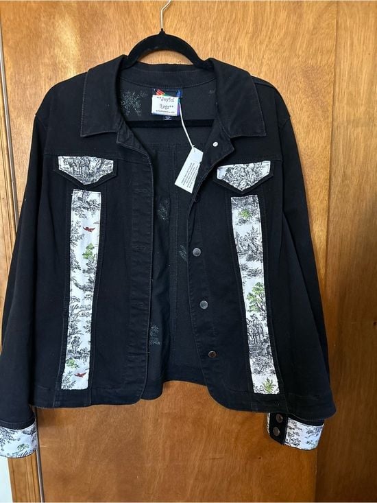 Joyful Rags Upcycled Women's Black Denim Jacket with Toile Trim Sz XXL 2