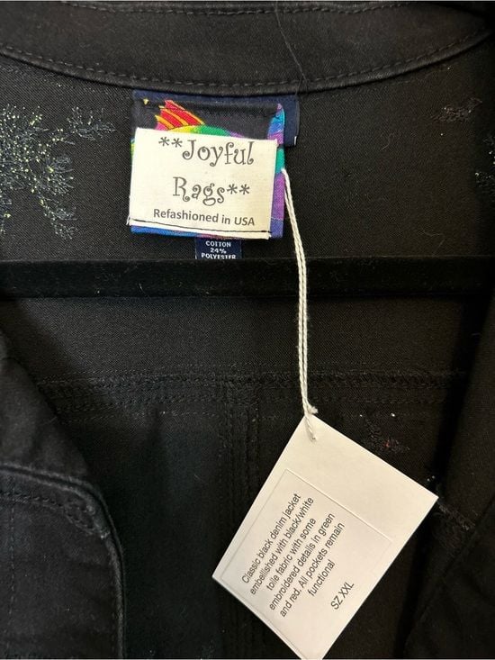 Joyful Rags Upcycled Women's Black Denim Jacket with Toile Trim Sz XXL 4