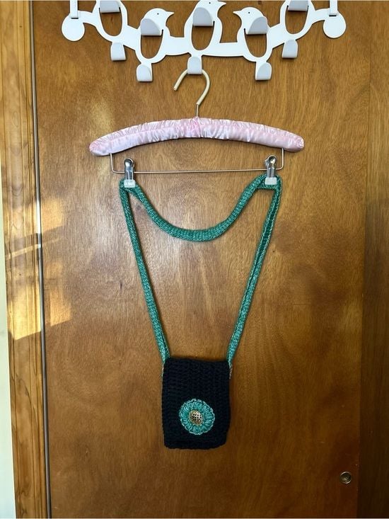 Joyful Rags Black Crochet Phone Pouch with Teal Strap and Gold Accents 2