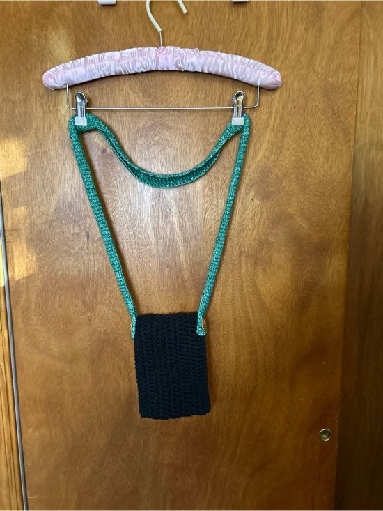 Joyful Rags Black Crochet Phone Pouch with Teal Strap and Gold Accents 3