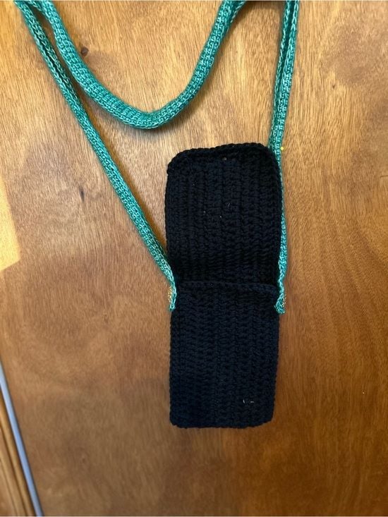 Joyful Rags Black Crochet Phone Pouch with Teal Strap and Gold Accents 4