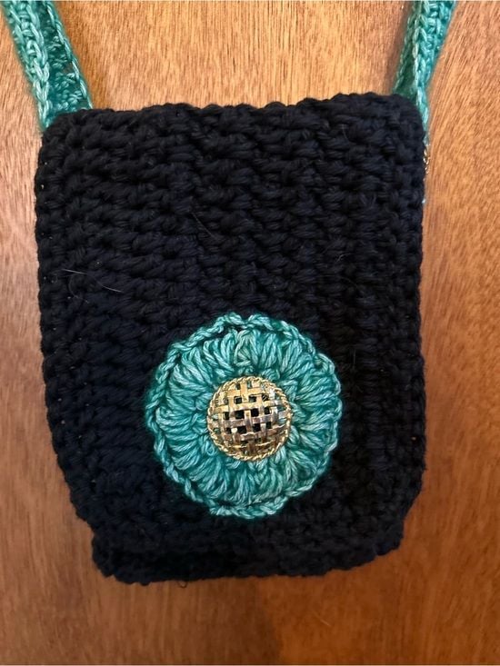 Joyful Rags Black Crochet Phone Pouch with Teal Strap and Gold Accents 5