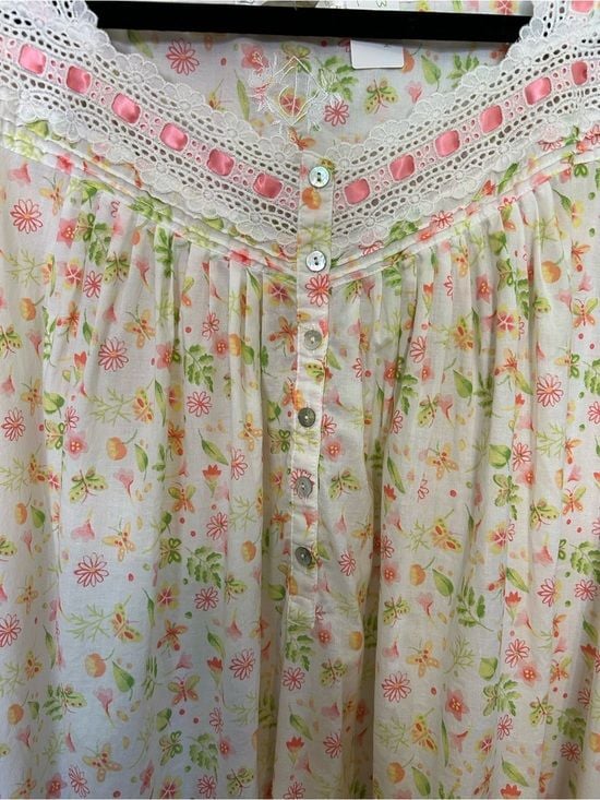 Vintage Eileen West Pink Floral Cotton Nightgown Dress with Lace and Ribbon 5