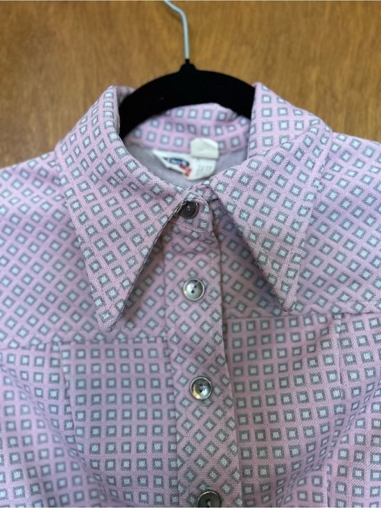60s-70s Russ Girl Pink Double Knit Button Down Top with Attached Belt sz 12 7