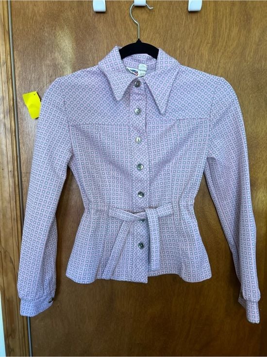 60s-70s Russ Girl Pink Double Knit Button Down Top with Attached Belt sz 12 8