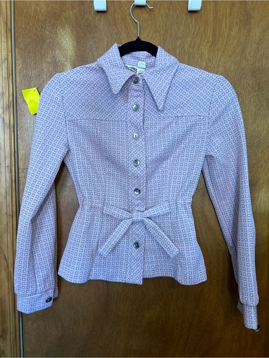 60s-70s Russ Girl Pink Double Knit Button Down Top with Attached Belt sz 12 9