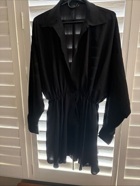 Oversized Shirt Flared Mini Dress in Black 7