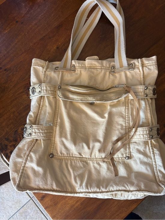 GAP Cream Canvas and Leather Tote with Front Zip Pocket and Striped Handles 2