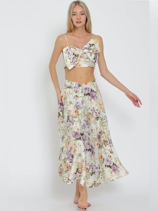 Vici Cream Floral Maxi Skirt Set with Purple & Peach Blooms 1