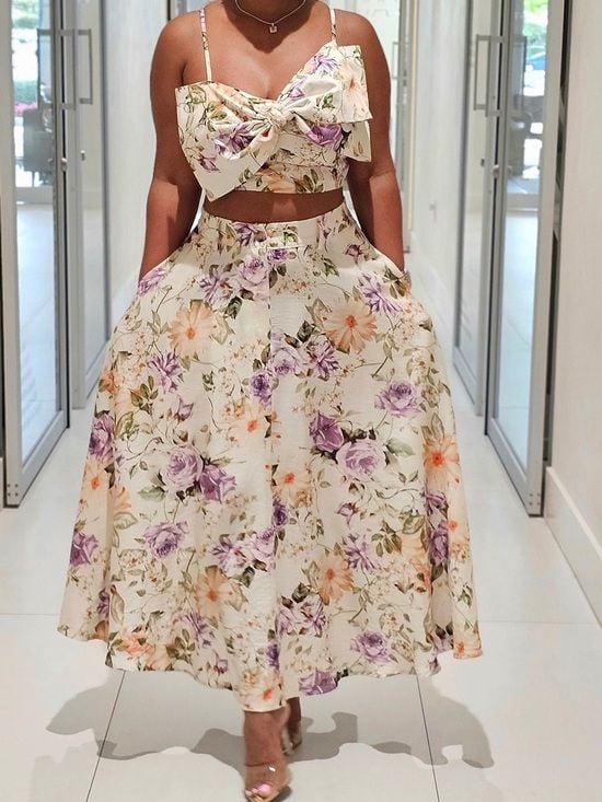 Vici Cream Floral Maxi Skirt Set with Purple & Peach Blooms 2