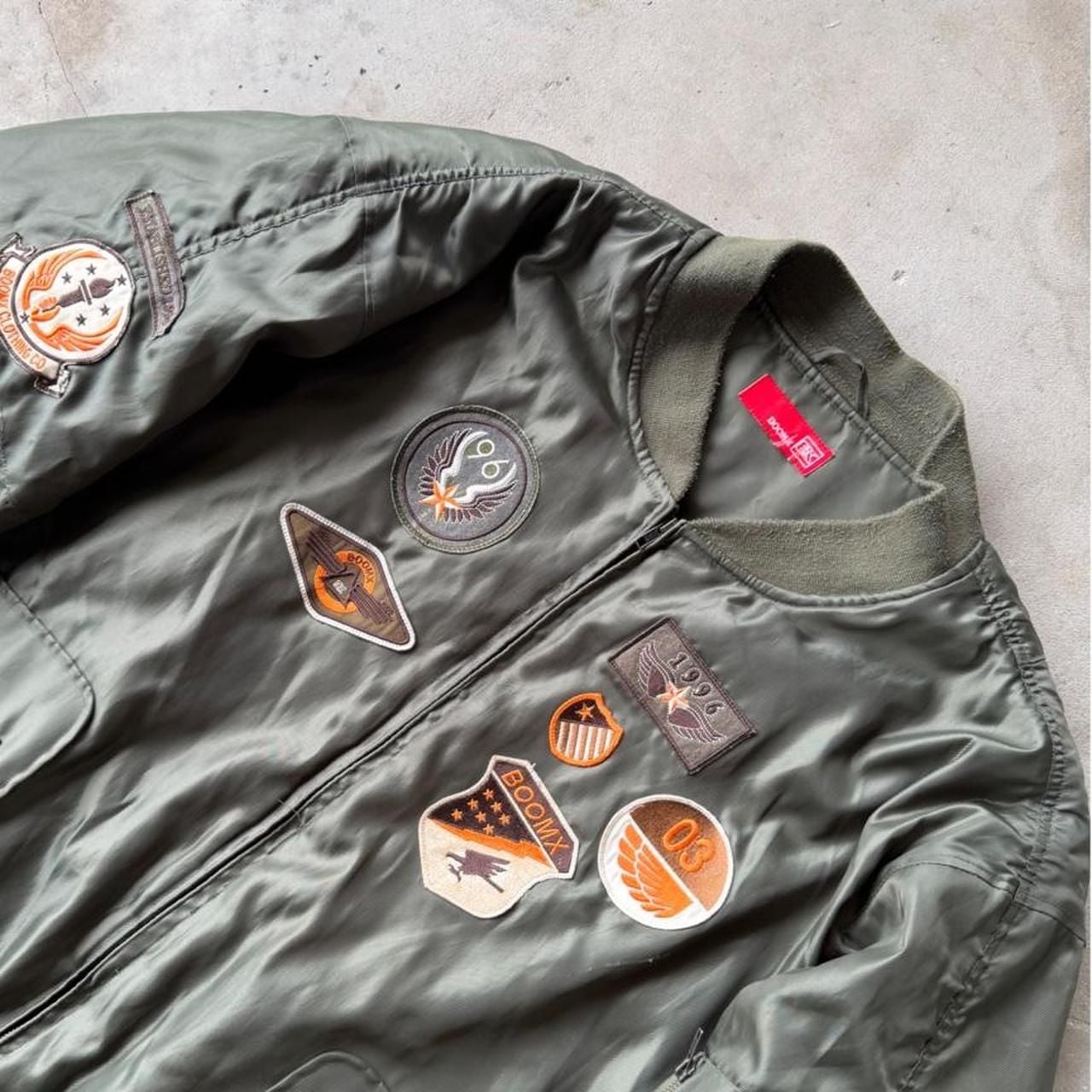 BoomX Bomber Jacket Green Quilted Orange Lining Patches XXL 3XL 2