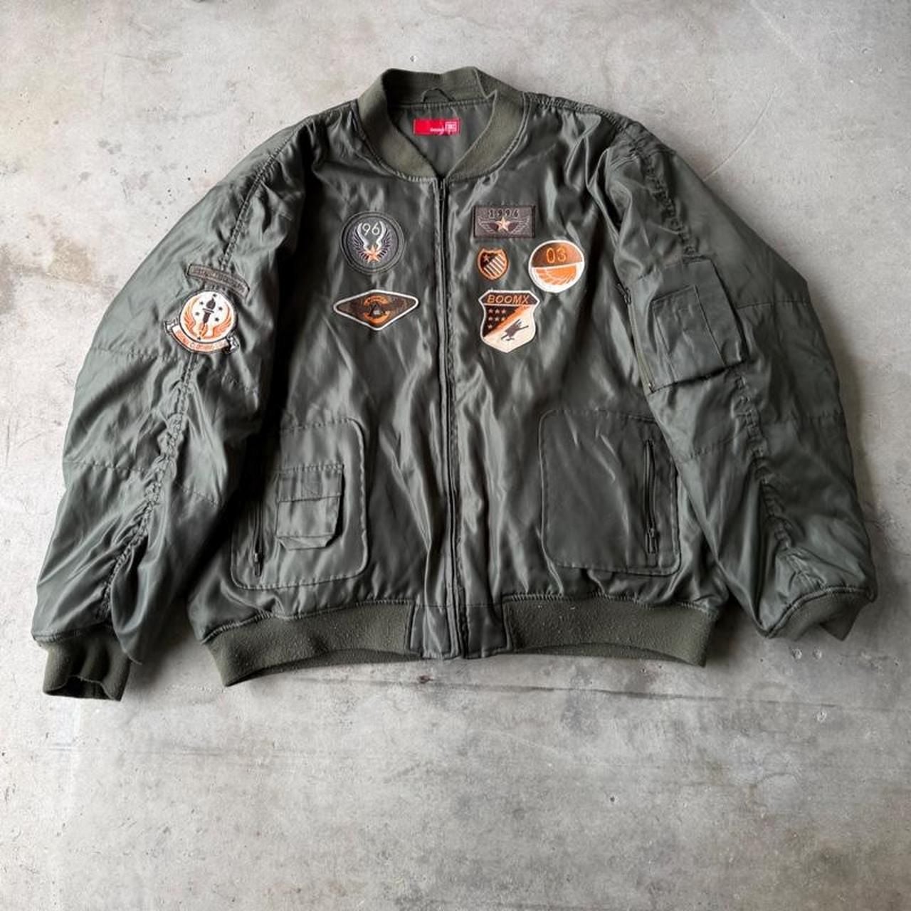 BoomX Bomber Jacket Green Quilted Orange Lining Patches XXL 3XL 3