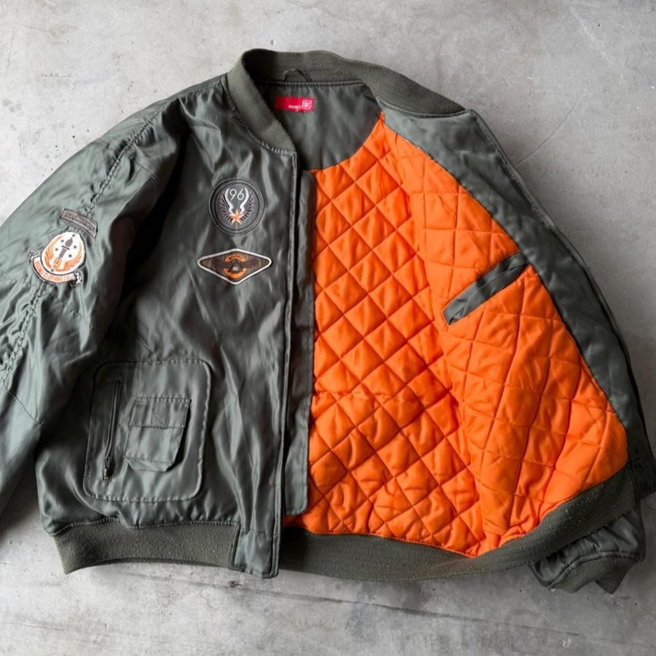 BoomX Bomber Jacket Green Quilted Orange Lining Patches XXL 3XL 4