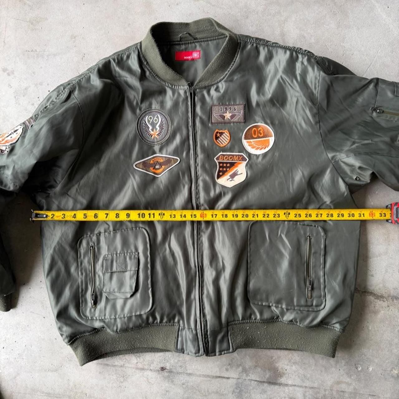 BoomX Bomber Jacket Green Quilted Orange Lining Patches XXL 3XL 6