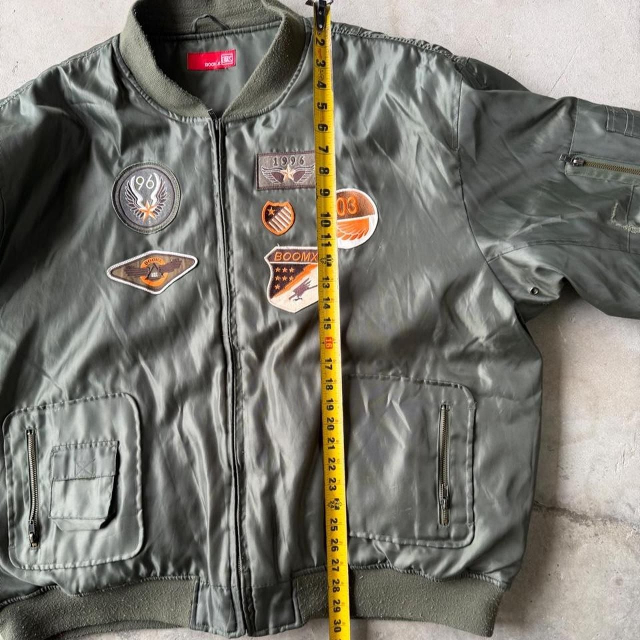 BoomX Bomber Jacket Green Quilted Orange Lining Patches XXL 3XL 7