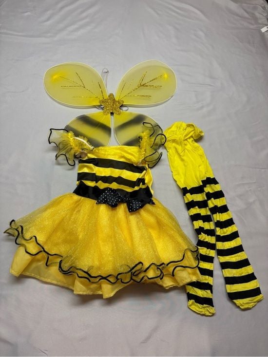 Yellow and Black Kids Bee Costume with Wings and Striped Leggings 1