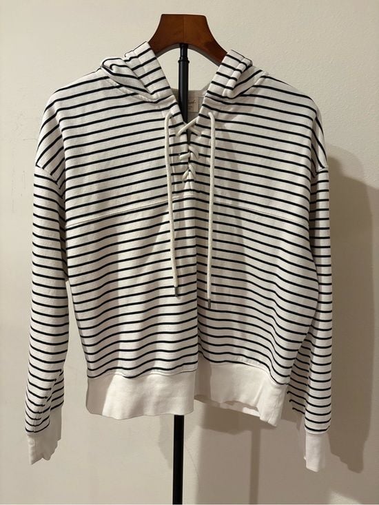 Universal thread Striped Lace-Up Hoodie - White & Black -M 3
