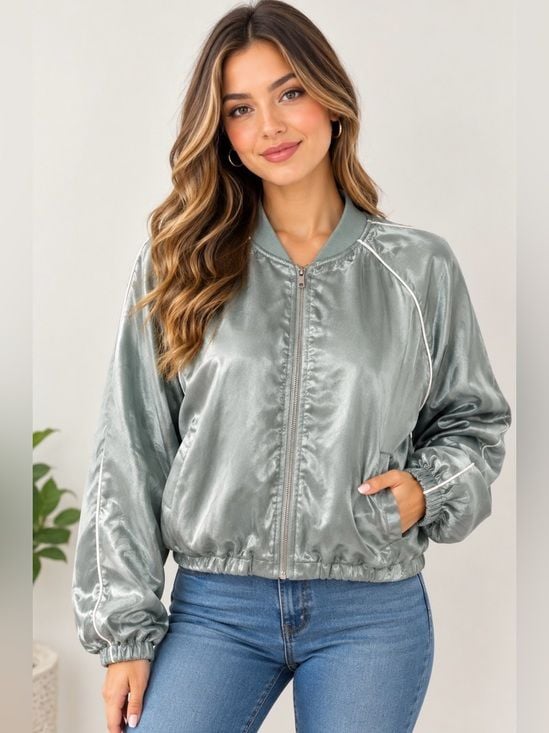 all in motion Satin Bomber Jacket in Light Sage with White Piping M 2