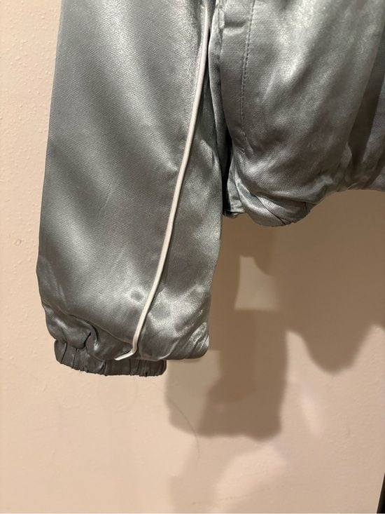 all in motion Satin Bomber Jacket in Light Sage with White Piping M 4
