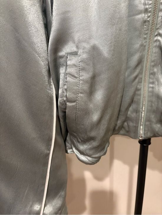 all in motion Satin Bomber Jacket in Light Sage with White Piping M 6