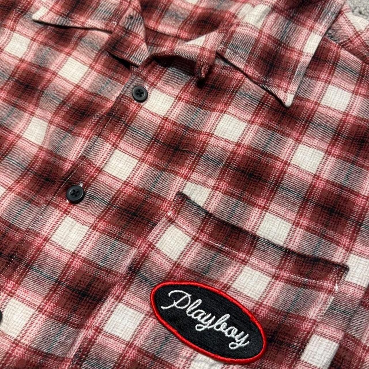 Playboy Plaid Flannel Shirt Size L Red White Embroidered Patch 3