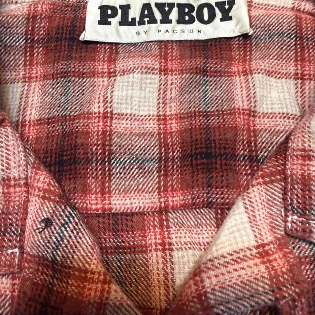 Playboy Plaid Flannel Shirt Size L Red White Embroidered Patch 4
