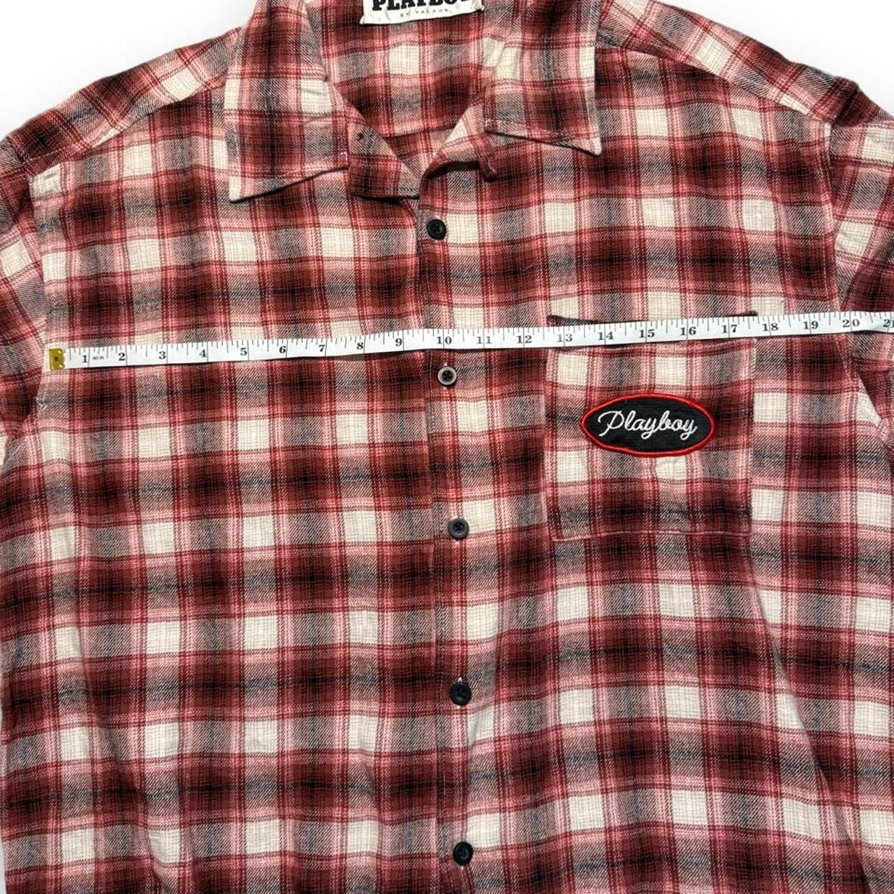 Playboy Plaid Flannel Shirt Size L Red White Embroidered Patch 7