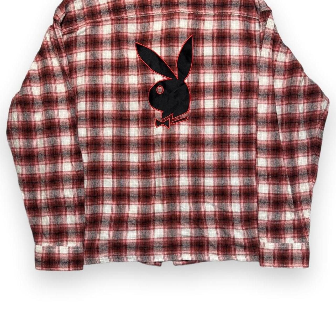 Playboy Plaid Flannel Shirt Size L Red White Embroidered Patch 9