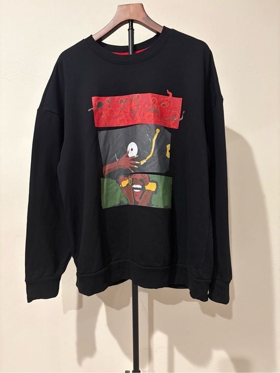 Black Crewneck Sweater with Red, Green & Yellow Graphic Panel XL 3