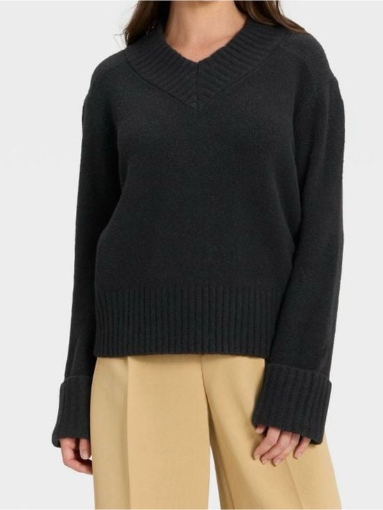 a new day Black V-Neck Ribbed Trim Sweater L 2
