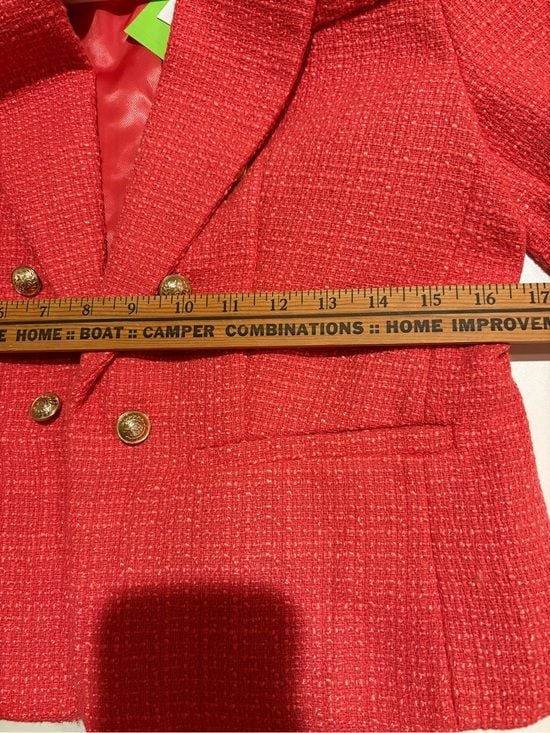Sam Edelman Coral Pink Cropped Tweed Blazer with Gold Buttons XS 15