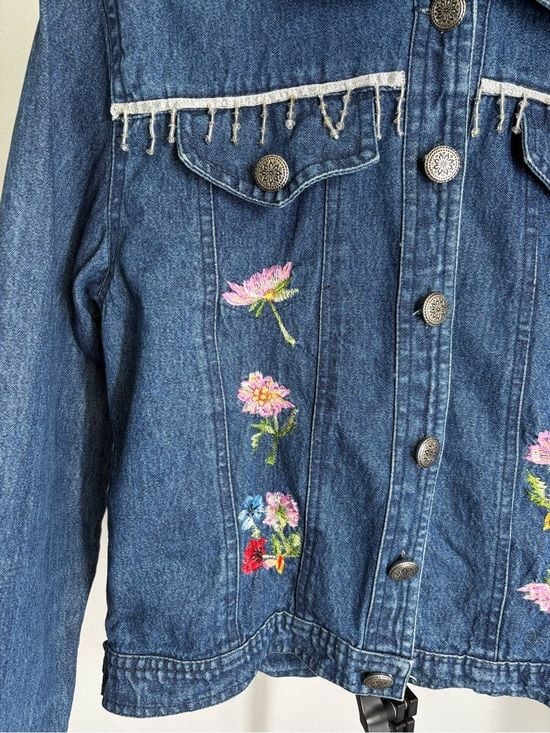 New Identity women Embroidered Dark Blue Denim Jacket with Floral Detail size S 3
