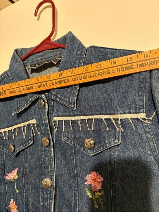 New Identity women Embroidered Dark Blue Denim Jacket with Floral Detail size S 12