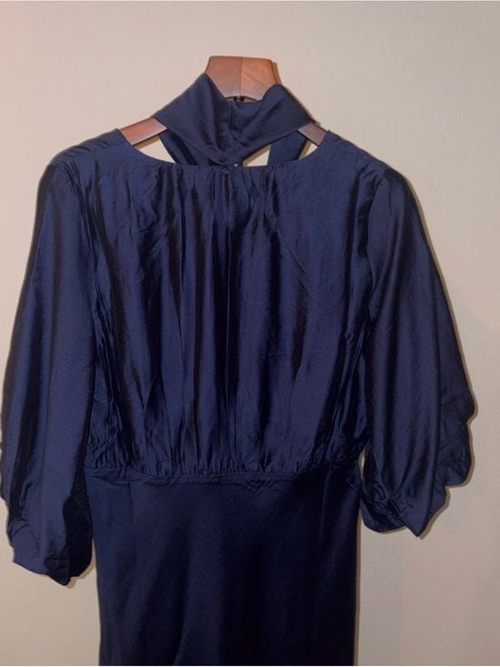 a new day women’s Navy Satin Maxi Robe with Tie Neck size L 60” long 8