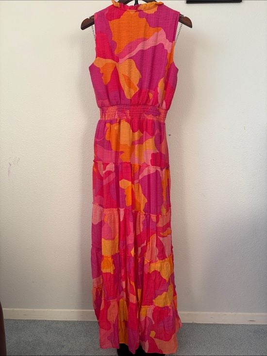 MSK women Hot Pink & Orange Tie-Neck Smocked Waist Maxi Dress S 7
