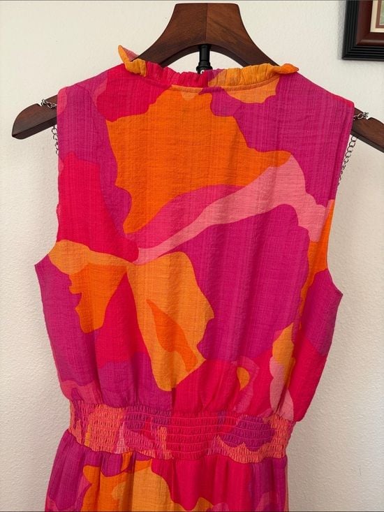 MSK women Hot Pink & Orange Tie-Neck Smocked Waist Maxi Dress S 8
