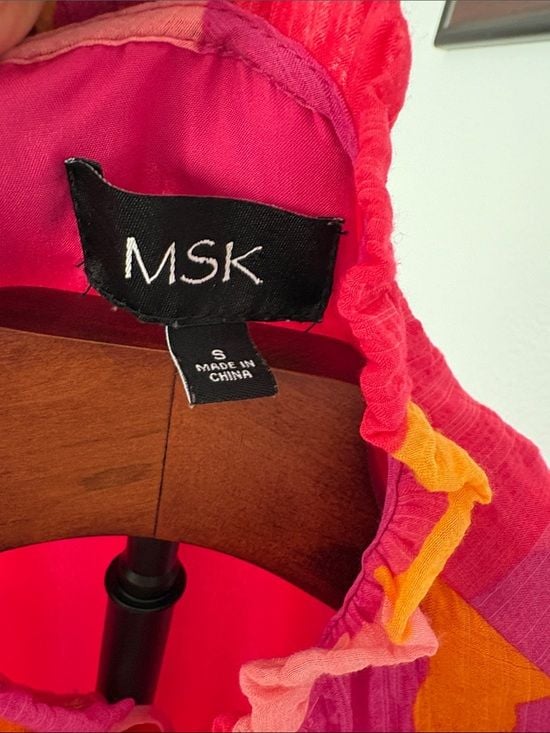 MSK women Hot Pink & Orange Tie-Neck Smocked Waist Maxi Dress S 9