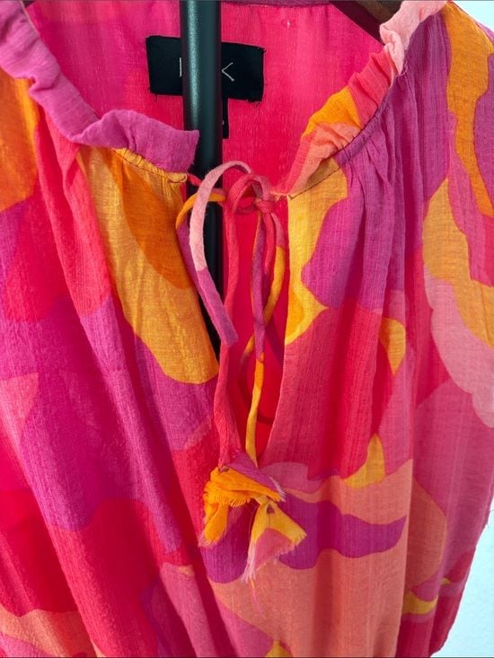 MSK women Hot Pink & Orange Tie-Neck Smocked Waist Maxi Dress S 10