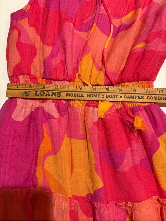 MSK women Hot Pink & Orange Tie-Neck Smocked Waist Maxi Dress S 11