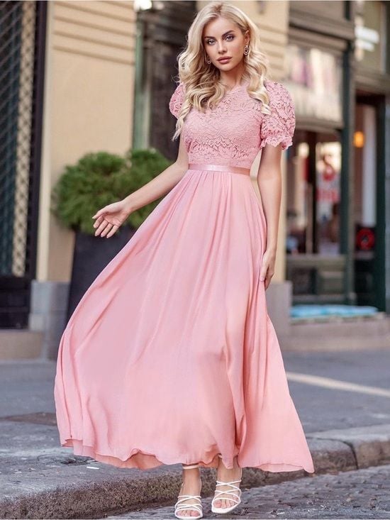 Miusol women Pink Lace Bodice Maxi Dress size S 55” long 2