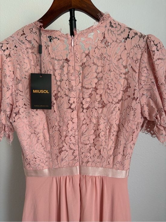 Miusol women Pink Lace Bodice Maxi Dress size S 55” long 11
