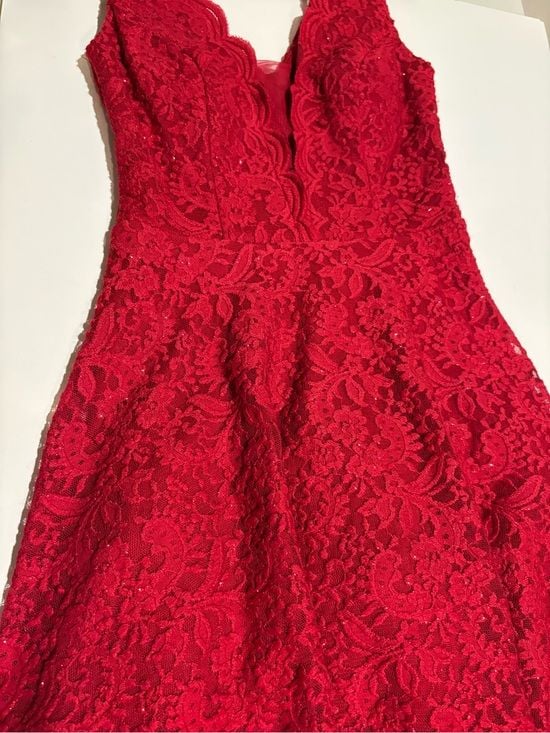 City Studio Red Lace V-Neck A-Line Mini Dress junior 1 16