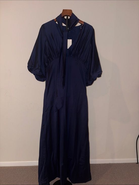 a new day Navy Tie-Neck Maxi with Puff Sleeves women M 12